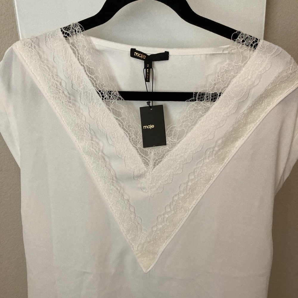 New Maje white blouse with lace v trim, white/ 2